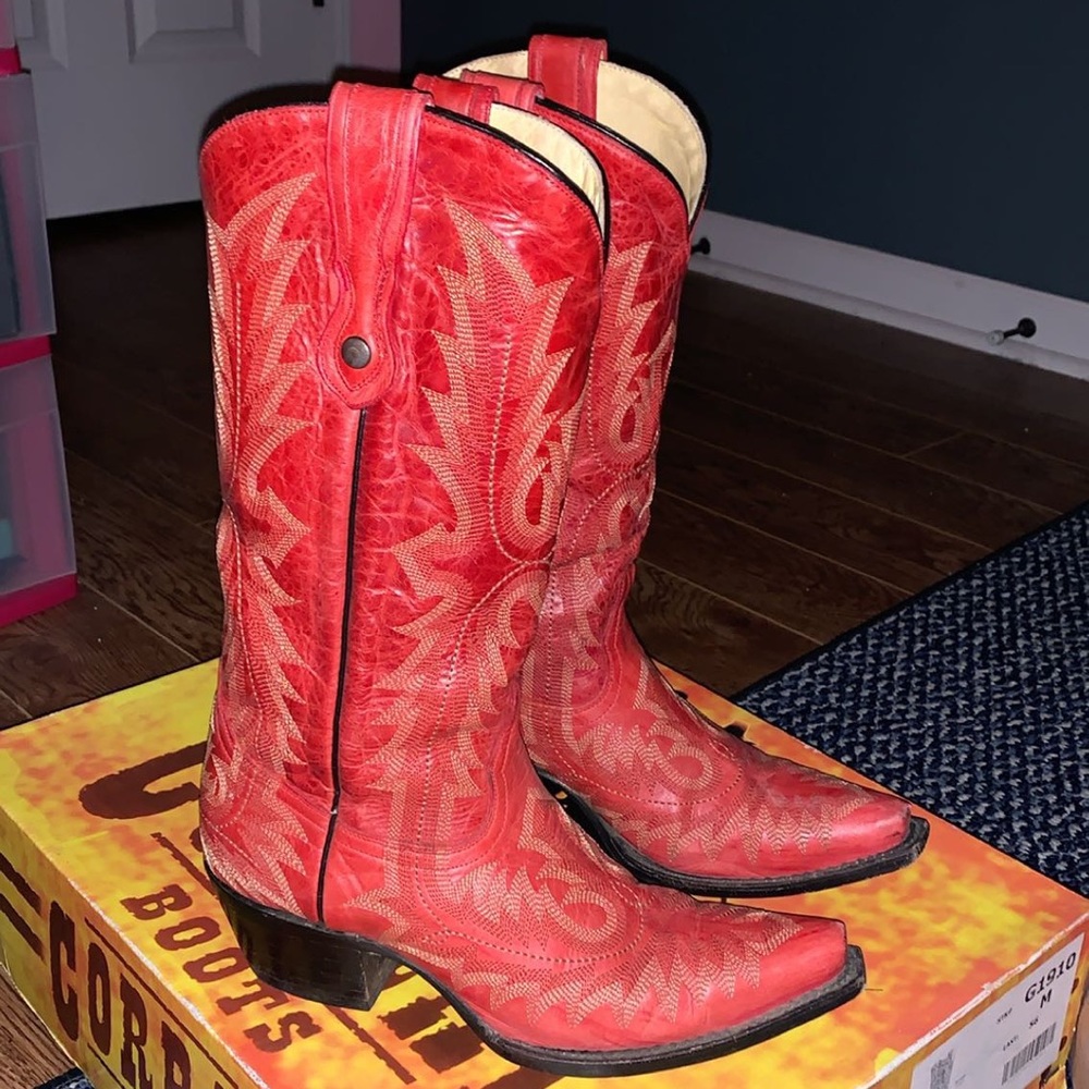 Real leather red cowgirl corral boots